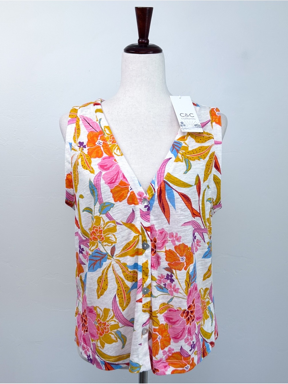 C&C California LARGE Linen Lyocell Floral Tropical V-Neck Sleeveless Top NWT
